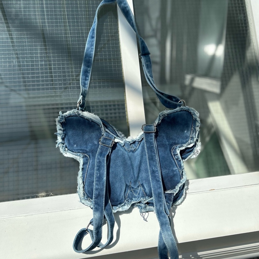 Y2K Denim Butterfly Shoulder Bag Purse Backpack - Picture 6 of 7